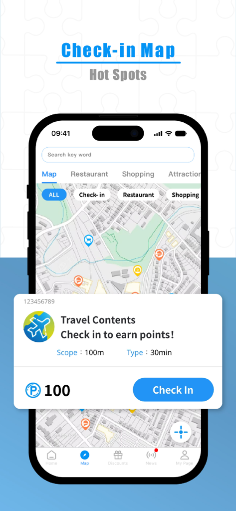Interface of Travel Contents app displaying a map with nearby hot spots and a check-in button to earn reward points