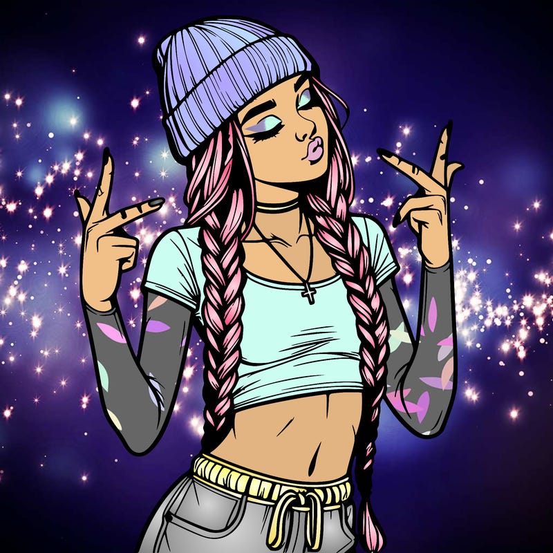 realistic teenage girl with braids and a beanie and crop top doing 🫶🏼