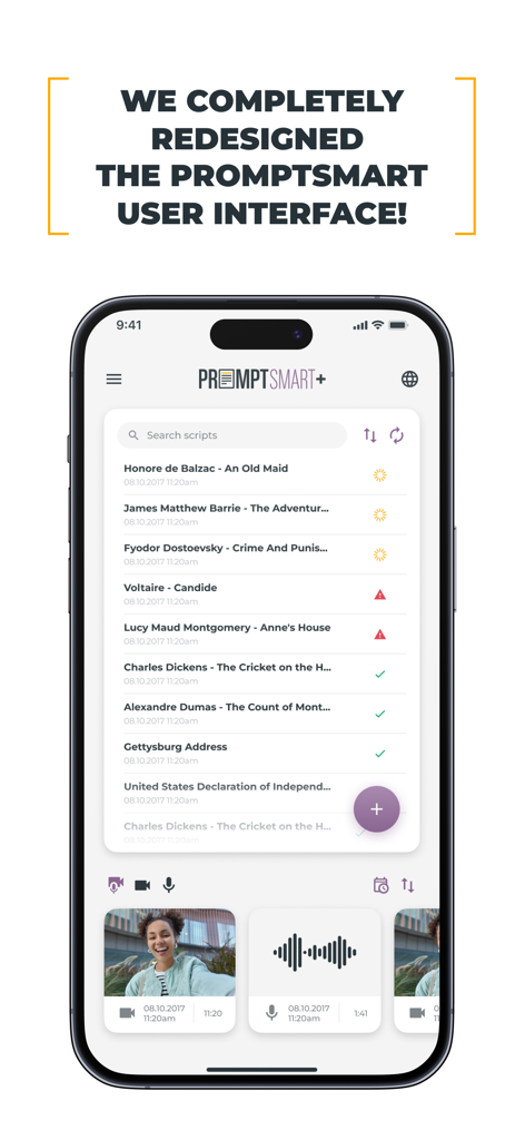 Redesigned user interface of the PromptSmart plus teleprompter app on an iPhone showing a script library and video recordings.