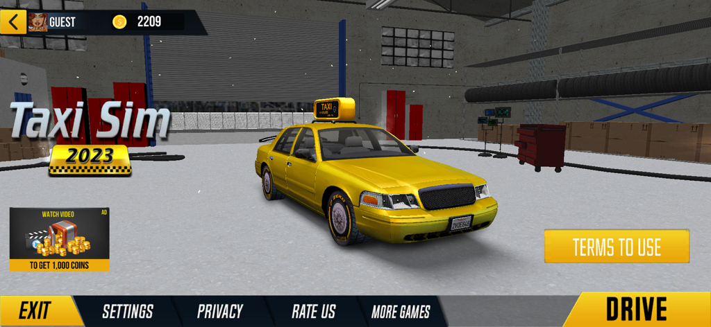 Taxi Car Driving Simulator 24 - Um carro de táxi amarelo na garagem do menu principal do Taxi Car Driving Simulator 24
