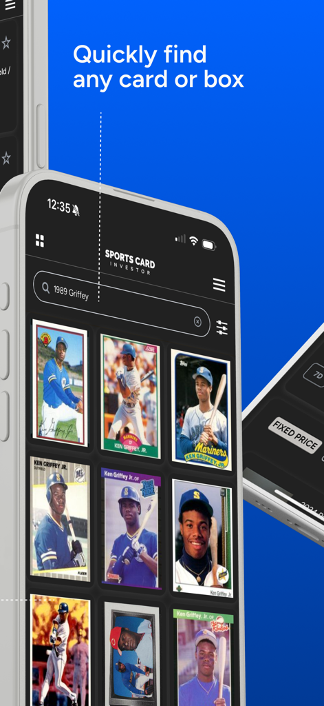 Interface do aplicativo móvel Sports Card Investor mostrando resultados de pesquisa para cartas de beisebol de Ken Griffey Jr