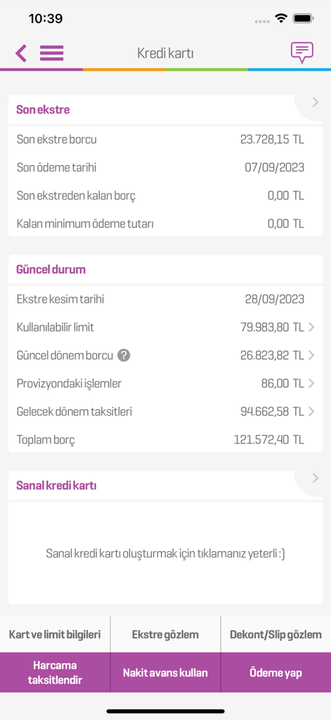 Enpara Bank Cep Şube - Enpara Bank mobile app credit card statement details and current debt overview screen