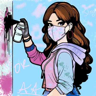 realistic girl with mask spray painting a wall
