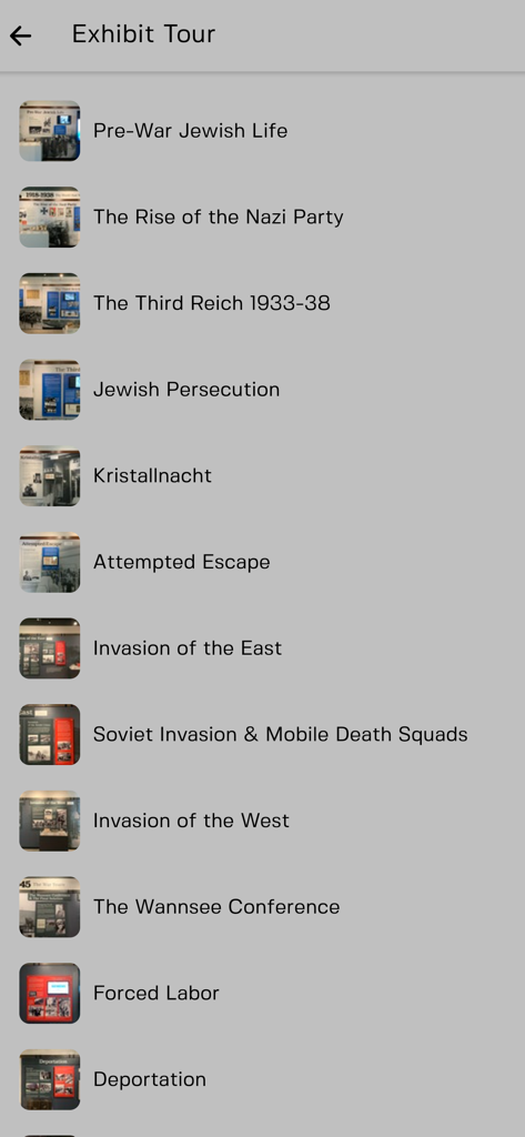 Uma lista de capítulos históricos para o tour de exposições no aplicativo Museu do Holocausto