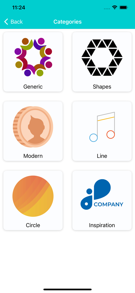 Logo Maker - Create Design - Captura de tela da interface do aplicativo Criador de Logos mostrando várias categorias de design, incluindo Formas, Moderno, Linha e Inspiração