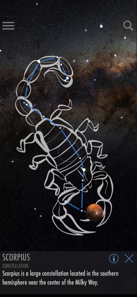 SkyView® Lite - Aplicativo SkyView Lite mostrando uma ilustração de RA da constelação de Escorpião e do planeta Marte no céu noturno