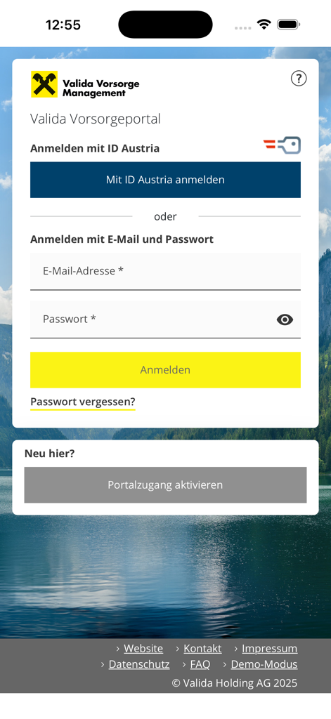 Anmeldeportal der Valida Vorsorge Management App mit ID Austria und E-Mail-Anmeldeoptionen