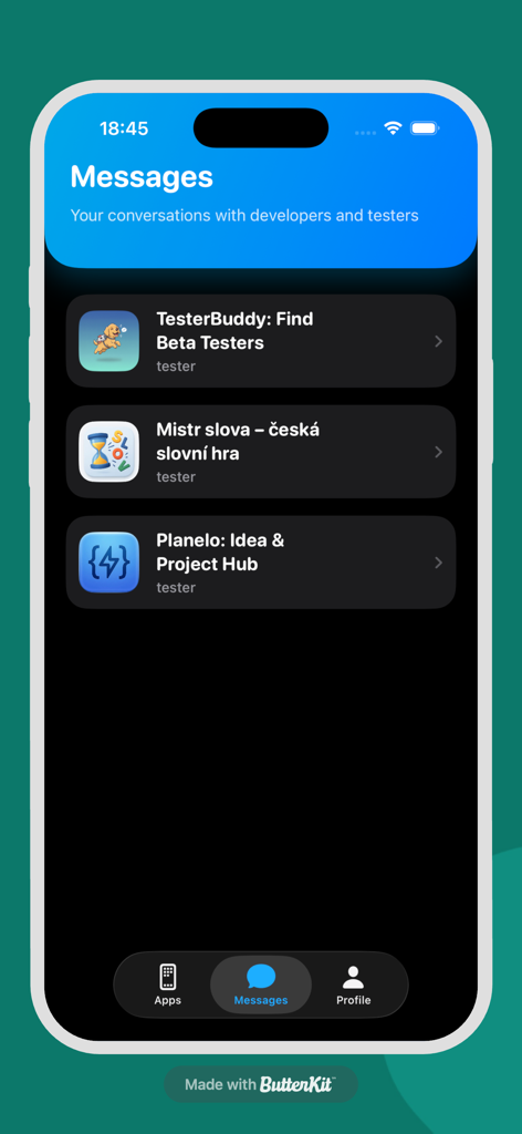 The messages tab of the TesterBuddy app displaying several active chat conversations with developers and testers.