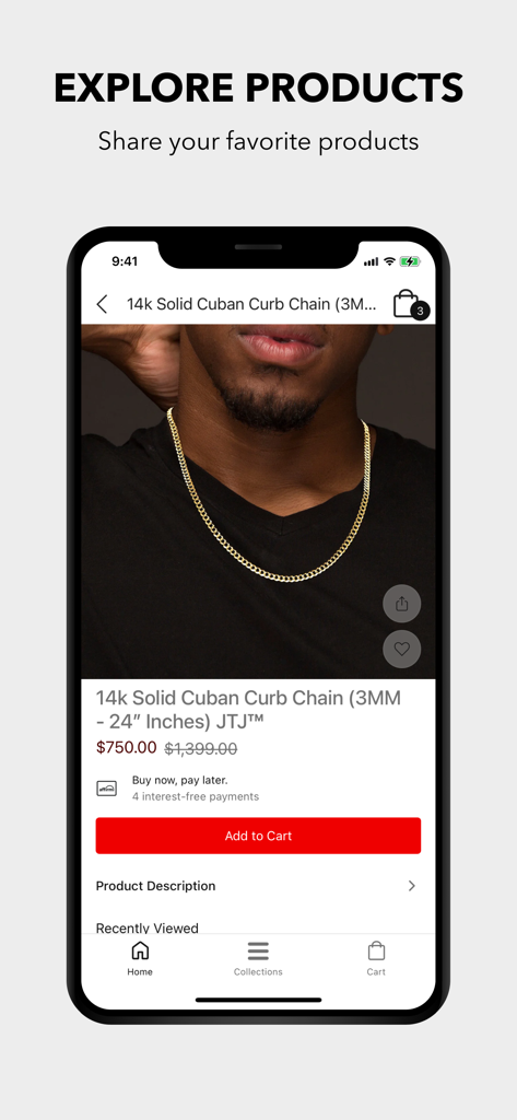 Javierthejewelernyc - Product page of the Javierthejewelernyc app showing a 14k solid gold Cuban curb chain with pricing and financing options.