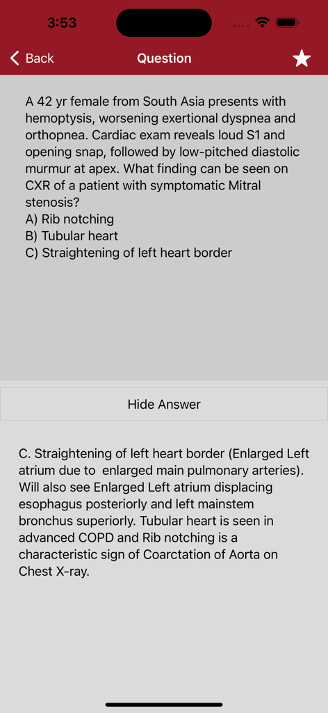 Eine medizinische Fallstudienfrage mit Multiple-Choice-Optionen und einer detaillierten Erklärung in der iMedicine Review Lite App.