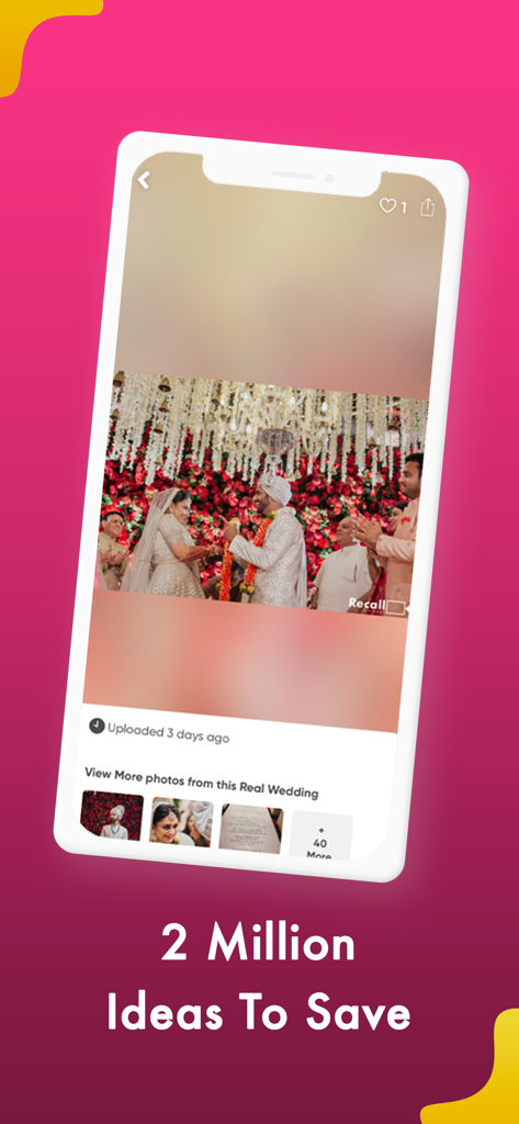 WedMeGood - Wedding Planner - WedMeGood app screen showing real wedding photos and inspiration for South Asian ceremonies with the text 2 Million Ideas To Save