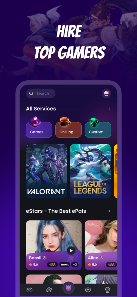 E-Pal app home screen showing options to hire top gamers for popular games like Valorant and League of Legends