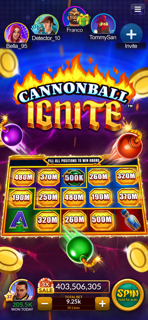 Cannonball Ignite slot machine gameplay in Big Fish Casino showing large chip prizes and player avatars