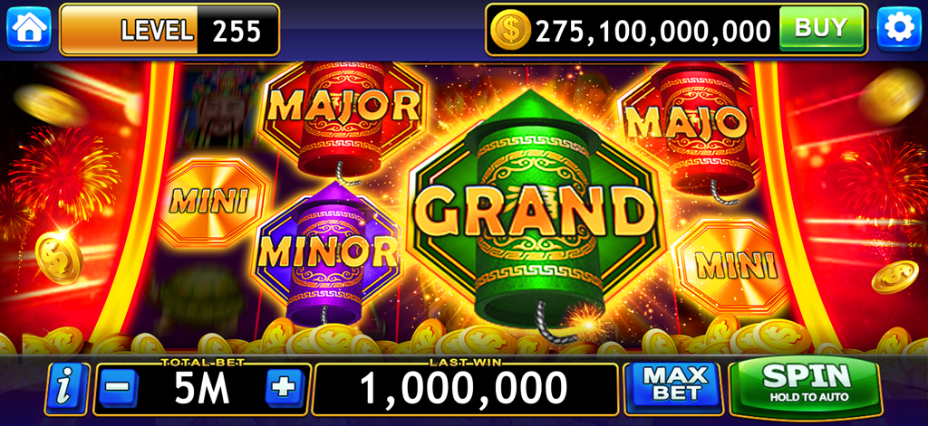 Vegas Casino Slots - Mega Win - Vegas Casino Slots mobiles Spielinterface mit einem großen Feuerwerks-Thema für den Jackpot und hohem Münzbestand