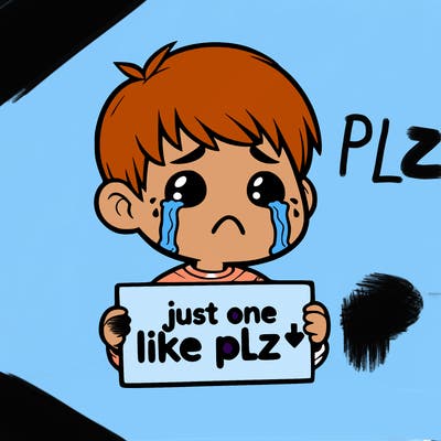 realistic crying boy with a sign saying just one like plz