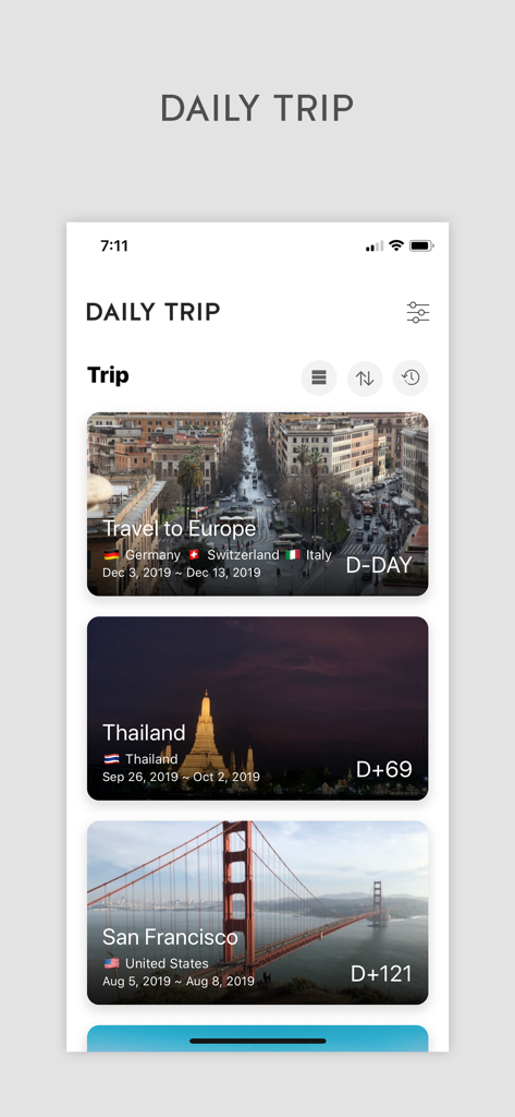 DAILY TRIP - Trip History - 過去と今後の旅行のリストに、目的地写真と日付が表示されているDaily Tripアプリ