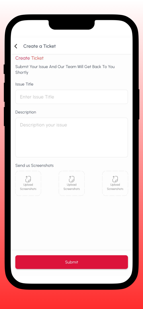 Roomzy Nepal app screen for creating a support ticket with issue title and description fields.