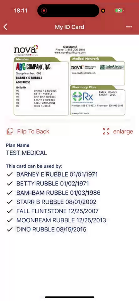 MyNova - Digital health insurance ID card showing member and plan details in the MyNova mobile app.