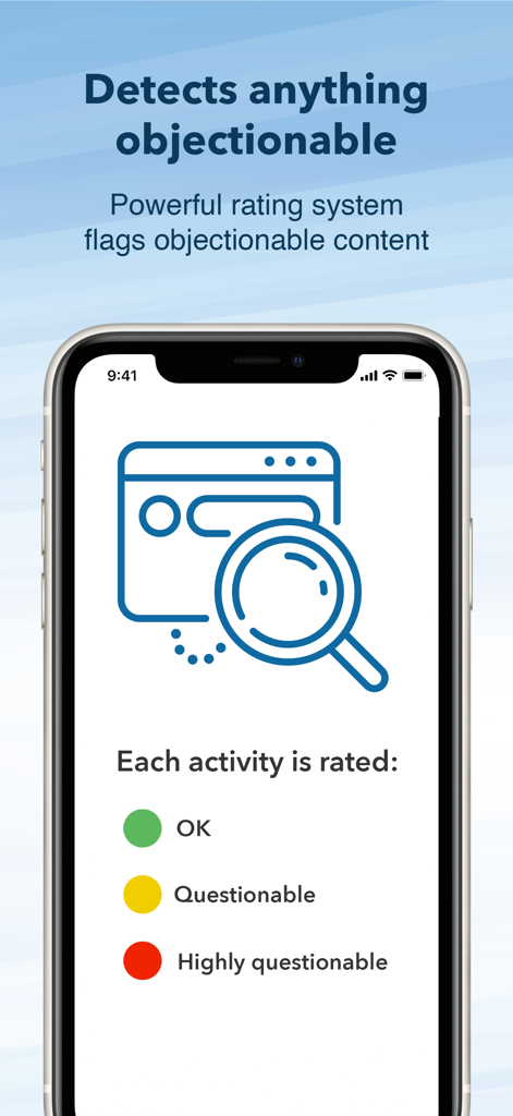 Accountable2You Monitoring - Accountable2You app interface showing how activity is rated as OK questionable or highly questionable