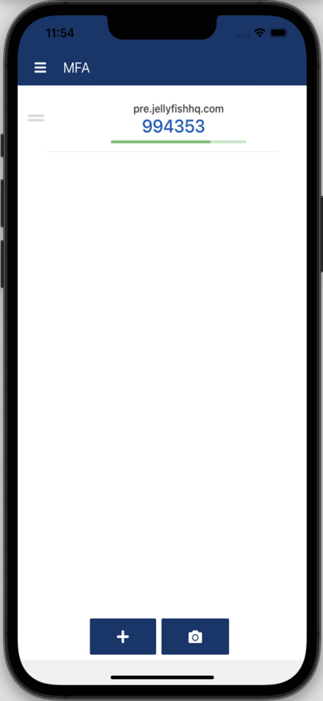 Jellyfish Mobile - Multi-factor authentication screen in Jellyfish Mobile app showing a six digit security code