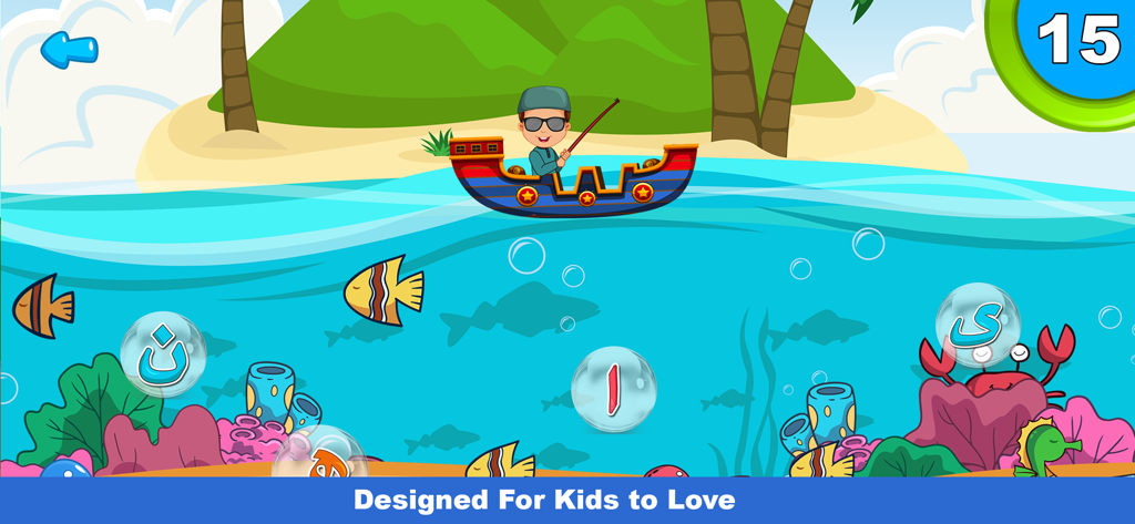 Learn Arabic Alphabet: Games - A child playing an Arabic alphabet fishing game with a cartoon Muslim character in a boat.