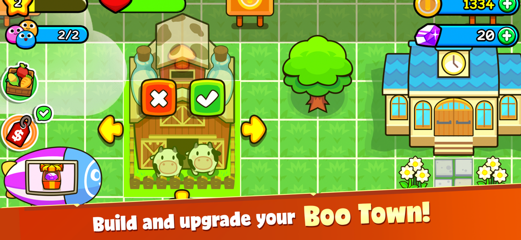 My Boo Town Pocket World Game - Gameplay screenshot of My Boo Town showing a farm barn with cows being placed in a colorful cartoon city