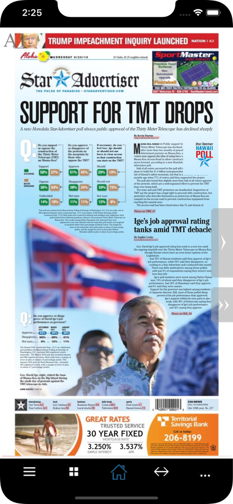 Honolulu Star-Advertiser mobile app showing the digital print replica of the newspaper front page