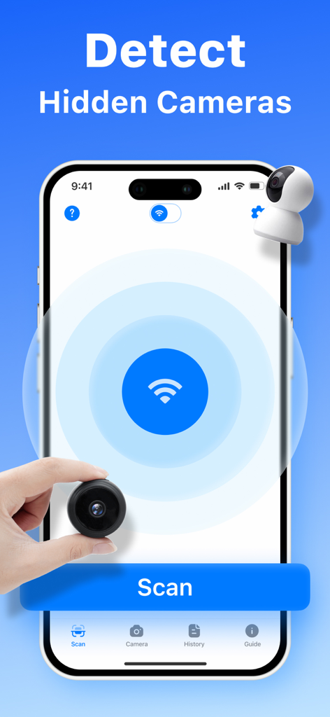 Hidden Spy Camera Detector App - 숨겨진 몰래카메라 탐지 앱의 주요 스캔 인터페이스를 보여주는 아이폰 화면