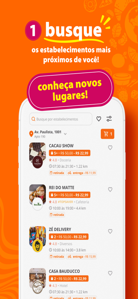 Food To Save: Salve alimentos - Schermata mobile dell'app Food To Save che mostra una funzione di ricerca ed elenchi di attività commerciali vicine con prezzi scontati.