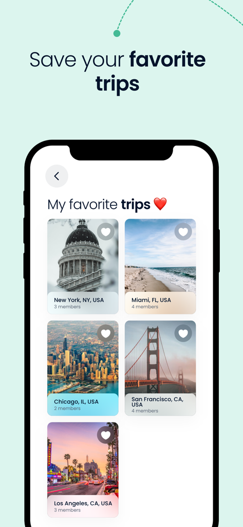 AuPairTrip - Una pantalla en la aplicación AuPairTrip que muestra una lista de viajes favoritos guardados a ciudades como Nueva York, Miami y Los Ángeles