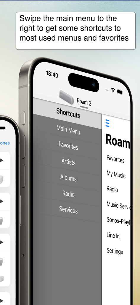 SonoPhone for Sonos - SonoPhone for Sonos app displaying the shortcuts sidebar menu for easy navigation
