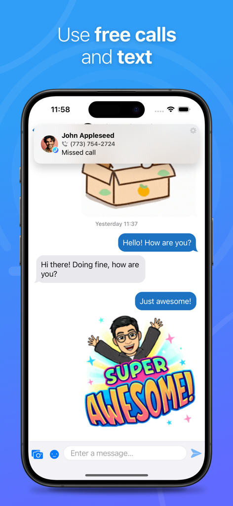 Talkatone app interface showing free calling and texting with stickers