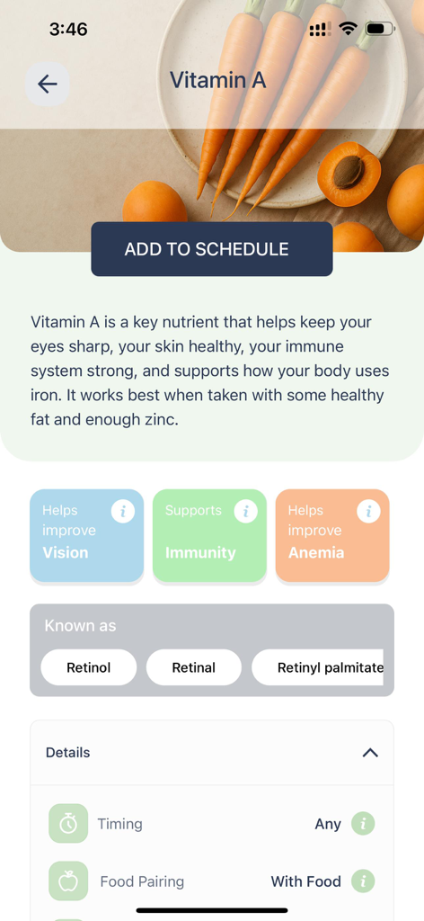 Mobile screen showing Vitamin A benefits for vision and immunity with scheduling and food pairing details
