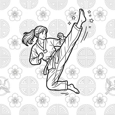 Dive into the world of martial arts with this exciting coloring page featuring a Taekwondo practitioner executing a powerful high kick. This intricate design, set against a backdrop of traditional Korean motifs, invites you to bring energy and precision to every stroke.