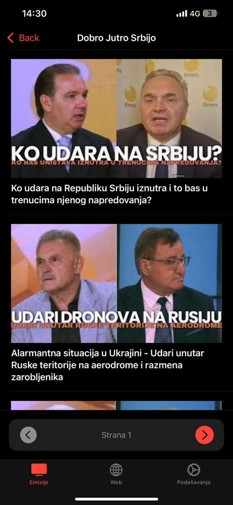 HappyTV Live app interface showing a list of Serbian news and talk show segments under the section Dobro Jutro Srbijo.