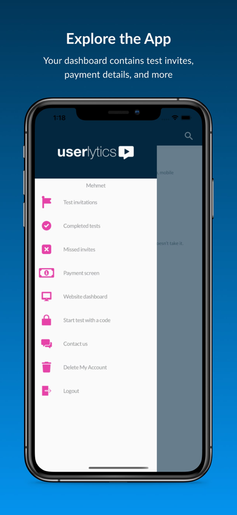 Userlytics app navigation menu showing test invitations and payment settings
