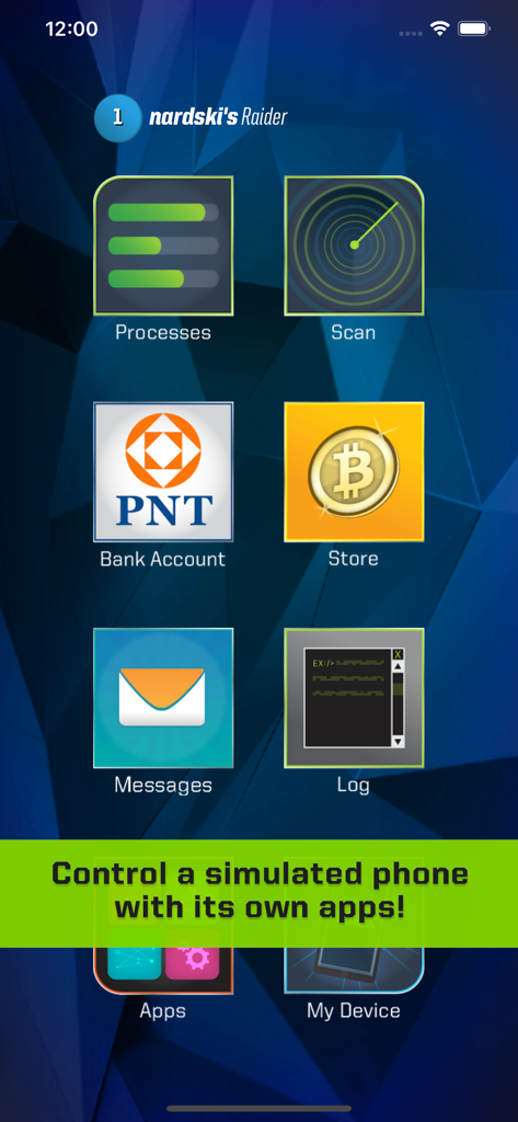 Hack Ex game screen showing a virtual phone with icons for scanning and bank accounts