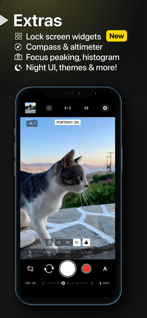 ProShot - ProShot app interface showing a cat in portrait mode with manual camera controls on an iPhone
