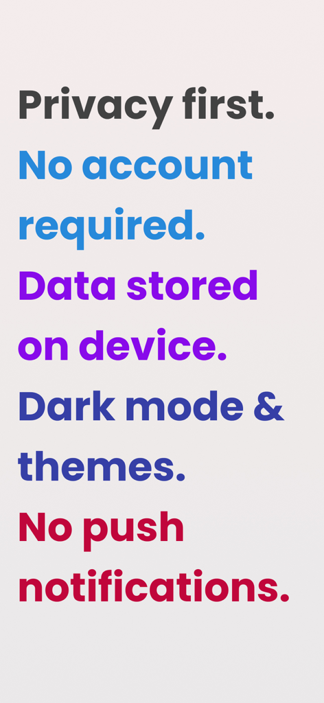 A list of Bitfolio features highlighting privacy first, no account required, on-device data storage, dark mode, and no push notifications