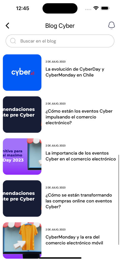 CyberApp - Pantalla del blog de CyberApp mostrando artículos sobre eventos de comercio electrónico en Chile como CyberDay y CyberMonday