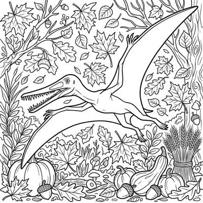 Discover the majestic Campylognathoides pterosaur in a dynamic autumn setting, surrounded by falling leaves and classic harvest elements. This unique coloring page blends prehistoric wonder with the cozy charm of fall.