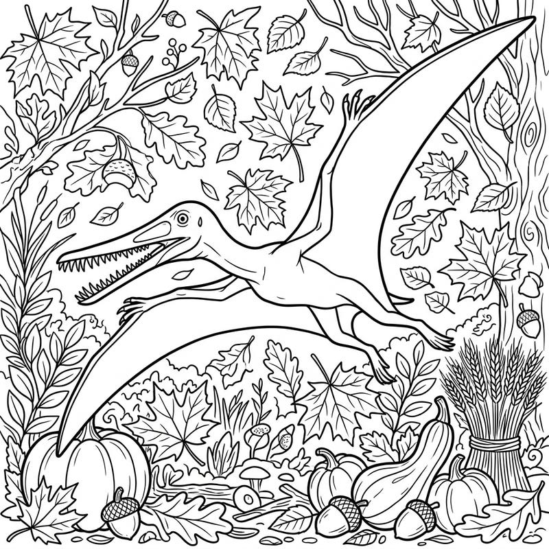 Discover the majestic Campylognathoides pterosaur in a dynamic autumn setting, surrounded by falling leaves and classic harvest elements. This unique coloring page blends prehistoric wonder with the cozy charm of fall.