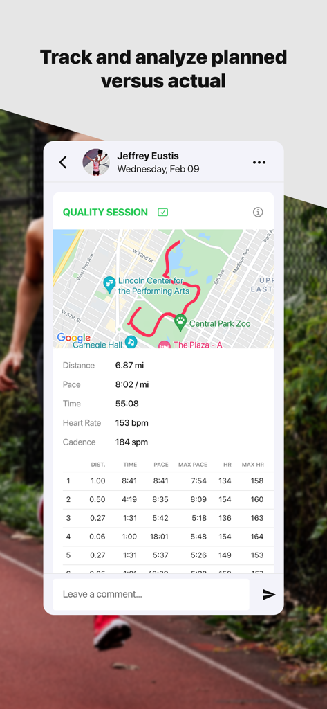 V.O2: Running Coach - A detailed running workout summary in the V.O2 app featuring a GPS map of Central Park and performance metrics like pace and heart rate.