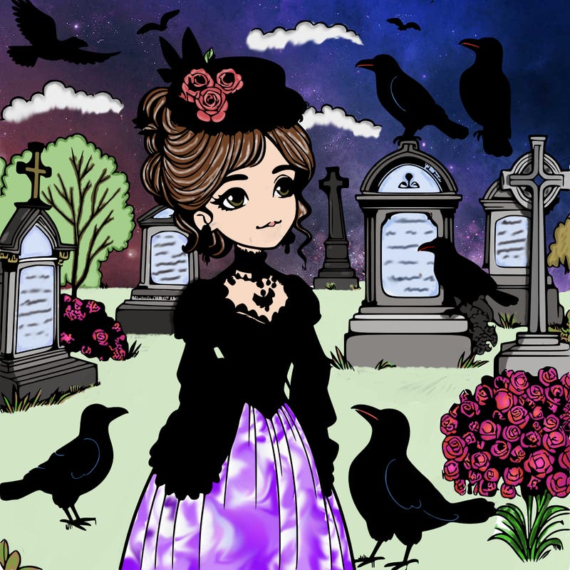 victorian lady in a cemetery with crows