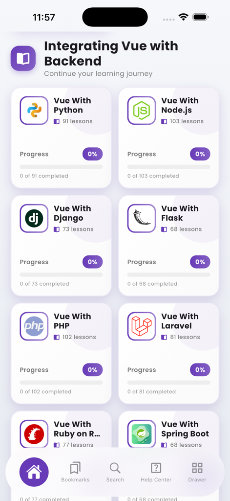 Learn Vue.js Complete Roadmap - Una interfaz de aplicación móvil que muestra varios cursos de integración backend para Vue.js, incluyendo Python, Node.js y Laravel.