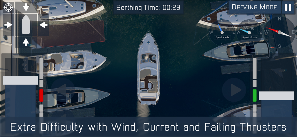 Boat Master - Top down view of a boat navigating a marina in Boat Master with UI controls for thrusters wind and current