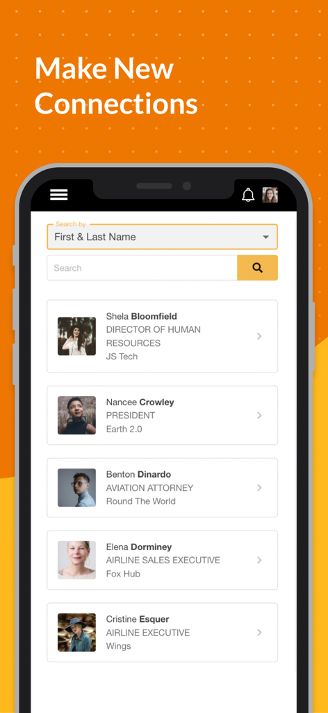 Event App by EventMobi - A smartphone screen from the EventMobi app showing a searchable directory of event attendees with professional titles and company names to facilitate networking.