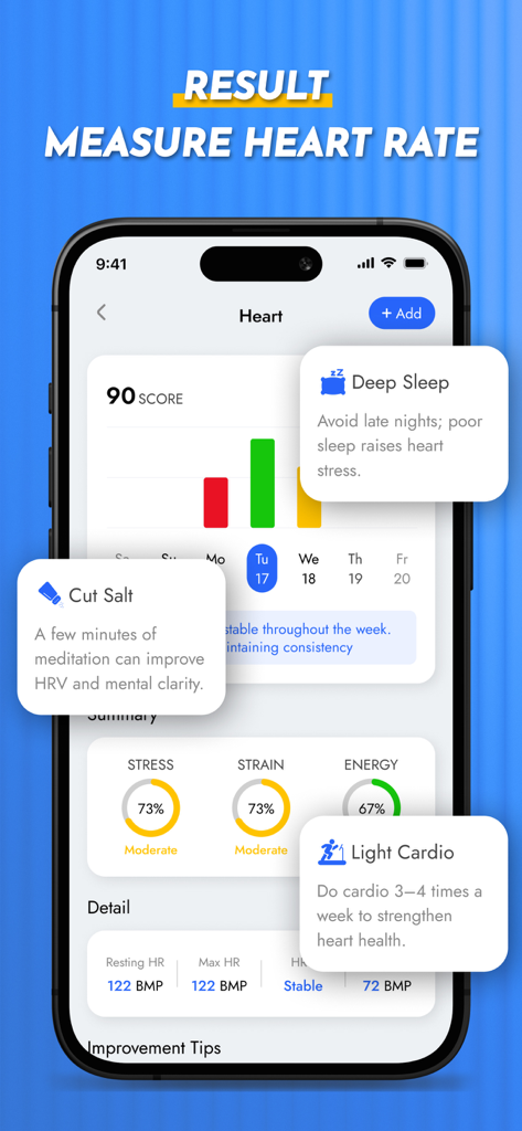 Health AI - Blood Pressure Log - Health AI app screen showing heart rate measurement results with weekly data charts and lifestyle recommendations