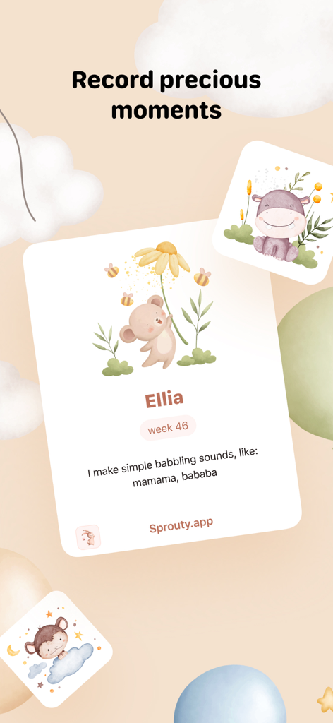 Baby Milestone Tracker Sprouty - Sproutyアプリのデジタルカードに、生後46週の赤ちゃんの喃語マイルストーンが記録されている様子