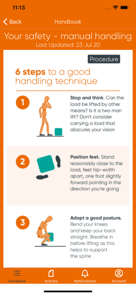 Mobile app screen for The Driver Handbook showing manual handling safety procedures with illustrated steps for stopping to think, positioning feet, and adopting good posture.